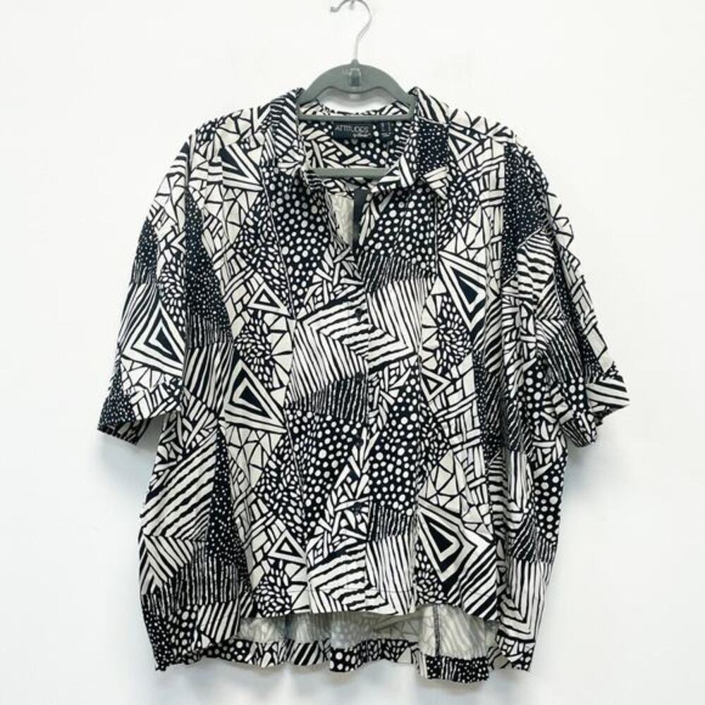 Attitudes Renee NWT Women's S Black‎ Woodblock Button Front Printed Shirt